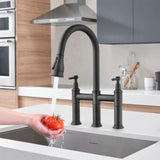 Double Handle Bridge Kitchen Faucet With Pull-Down Spray Head W122565381