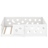 Full Size Floor Bed with Slats, Solid Wood Bedframe with Heightened Safety Guardrails and Door, for W1820P240543