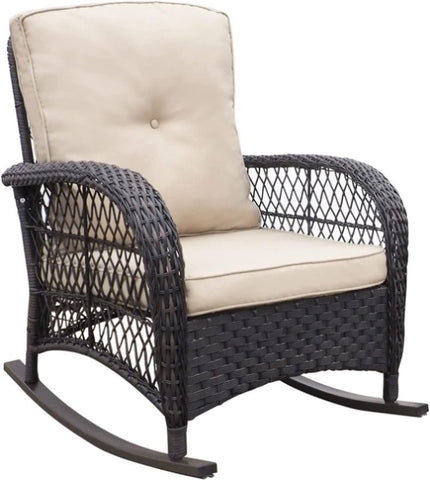 ZUN Outdoor Patio Wicker Rocker Chair, Porch Rattan Rocking Chair with Soft Cushions, Khaki 85451455