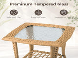 Outdoor Wicker Side Table, Rattan End Table with Glass Top, Patio Coffee Bistro Table for Indoor 30348373