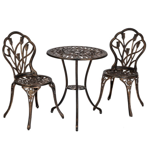 ZUN European Style Cast Aluminum Outdoor 3 Piece Tulip Bistro Set of Table and Chairs Bronze 34364651