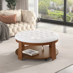 ZUN Modern Large Round Ottoman Coffee Table 2-Tier Oversized Button Tufted Ottoman with Wood Shelf N735P180224K