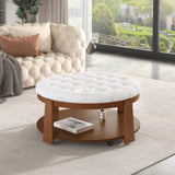 ZUN Modern Large Round Ottoman Coffee Table 2-Tier Oversized Button Tufted Ottoman with Wood Shelf N735P180224K