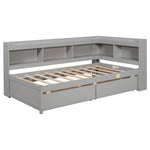 ZUN Twin Bed with L-shaped Bookcases,Drawers,Grey 46572090