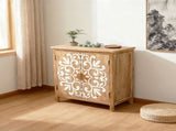 Rustic Wooden Accent Cabinet with Floral Carved Doors, 2 - Door Storage Cabinet for Living Room, W2295P365012