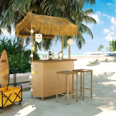 ZUN GO Hawaiian-style Bar Height Patio Set with PE Grass Canopy, Outdoor Bar Table and Stools with WF530958AAA