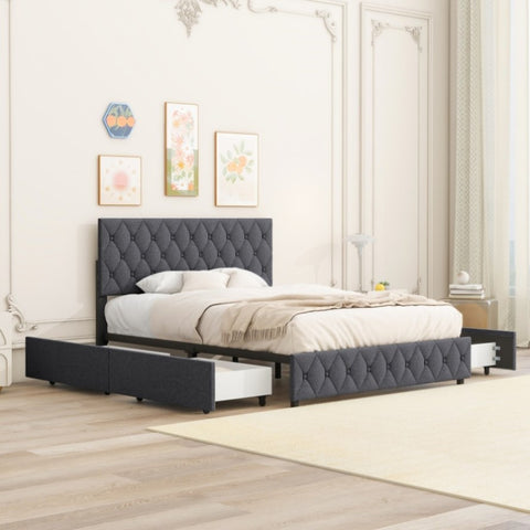 ZUN Queen Size Upholstered Platform Bed Frame with 4 Storage Drawers, Adjustable Linen Headboard, Wooden W1670P147588