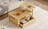 U-Can Modern Coffee Table, Coffee Table with 1 Storage Shelf, 2 Tabletops and 1 Rattan Drawer For N724P232190N
