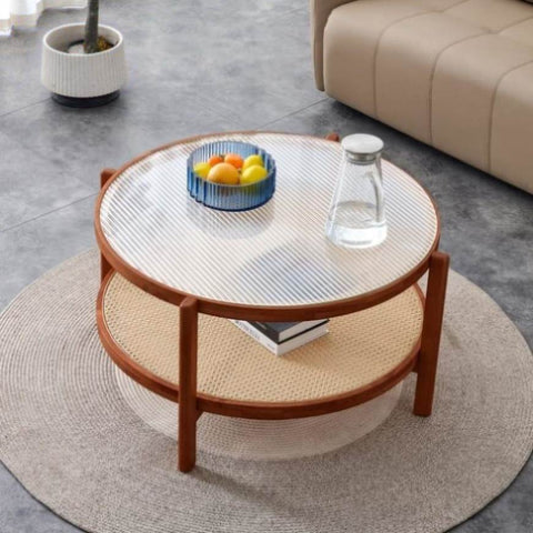 ZUN Modern minimalist circular double-layer solid wood coffee table, craft glass tabletop, second layer W1512P271071