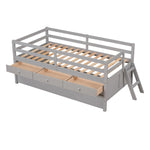 ZUN Low Loft Bed Twin Size with Full Safety Fence, Climbing ladder, Storage Drawers and Trundle Gray WF312991AAE