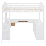 ZUN Full Wooden Loft Bed with U-shaped Desk,Storage Compartments and Tri-fold Mirror, White 71431452