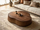 31.5" Scalloped Coffee Table, Fluted Wood Coffee Table with Wood Veneer Top and Solid Pine Slat W3158P537756