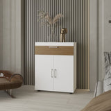 FM FURNITURE North Fork Shoe Rack, Pneumatic Lift-Up Compartment, Dual Doors, White and Natural Oak B128P301388