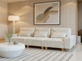 Beige Deep Seat 3-Seater Corduroy Sofa with Brushed Stainless Steel Cup Holders and 3 Decorative 56587155