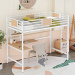 ZUN Twin Metal Loft Bed with Desk and Shelve,White MF292037AAK