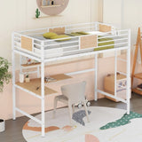 ZUN Twin Metal Loft Bed with Desk and Shelve,White MF292037AAK