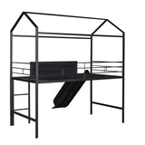 Metal House Bed With Slide, Twin Size Metal Loft Bed with Two-sided writable Wooden Board MF294384AAB
