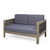 ZUN Outdoor Acacia Wood and Wicker Loveseat and Coffee Table Set with Cushions, + Mixed + Dark 70141.00DGRY