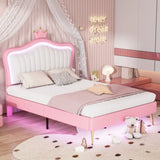Full Size Upholstered Bed Frame with LED Lights,Modern Upholstered Princess Bed With Crown WF307962AAH