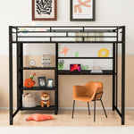 ZUN Full Size Loft Bed with Desk and Whiteboard, Metal Loft Bed with 3 Shelves and Ladder, Black 36540591