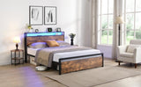 ZUN Queen Size Bed Frame with Storage Headboard and 2 Drawers, LED Lights Bed with Charging Station, 81575223