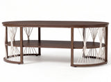 2-Tier Oval Coffee Table, 37.8" x 19.7" x 18.1", Melamine MDF & Iron Frame, Rattan Shelf, Walnut 26028317