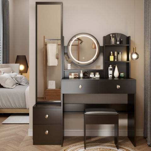 ZUN Full Body Mirror Cabinet + Round Mirror LED Vanity Table + Cushioned Stool, 17" diameter LED Mirror, W936P160028