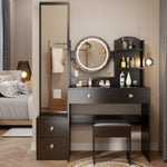 ZUN Full Body Mirror Cabinet + Round Mirror LED Vanity Table + Cushioned Stool, 17" diameter LED Mirror, 73132580