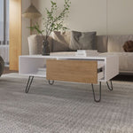 ZUN Gramling Coffee Table with a Drawer and Hairpin Legs, White + Natural Oak B128P263712