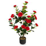 2 PCS 38 Inch Artificial Camellia Tree Faux Flower Plant in Cement 28367252