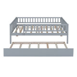 Full Size Wood Daybed with Trundle and Fence Guardrails, Gray WF301863AAE