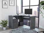 ZUN Mix L-Shaped Desk, Keyboard Tray, Two Drawers, Single Open Shelf -Smokey Oak B20091963