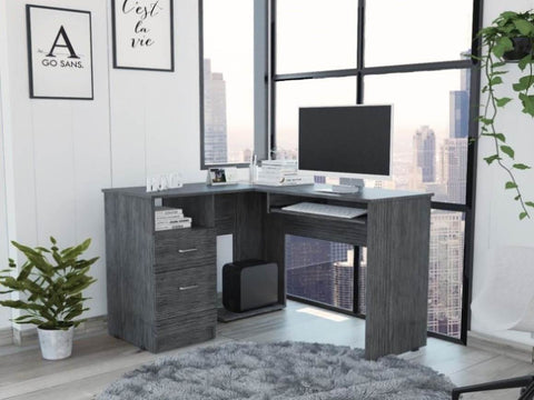 ZUN Mix L-Shaped Desk, Keyboard Tray, Two Drawers, Single Open Shelf -Smokey Oak B20091963