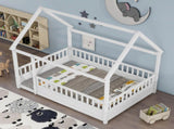 Full Size Floor Wooden Bed with House Roof Frame, Fence Guardrails,White W1858123986