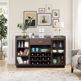 ZUN Double Glass Door with Single Drawer and 12-Bottle Wine Rack Sideboard in Black Frame + Gray-Brown 56154679