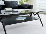 Rectangle Coffee Table with Tempered Glass top and Black MDF Shelf, Modern Table for Living Room, W241142567