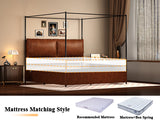 Queen Canopy Bed Frame, Faux Leather Upholstered Bed with Metal Frame, Four Poster Platform Bed, No W636P566621