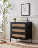 ZUN Rattan Storage Cabinet with 3 Large Drawers, Boho Mid-Century Wooden Nightstand Drawer Dresser, W1801P182002