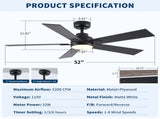 52" Matte Black Modern Reversible Motor Integrated LED Dimmable Ceiling Fan with Light and Remote W1367P448317