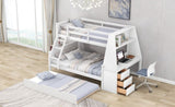 ZUN Twin over Full Bunk Bed with Trundle and Built-in Desk, Three Storage Drawers and Shelf,White 26505764