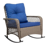 Rattan rocking chair with sparse backrest, grey rattan and blue cushion 89881291