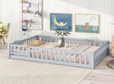 Full Size Floor Bed with Fence and Door,Rubber Wood Floor Bed with Safety Guardrails,Grey W504P296784