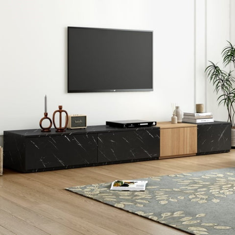 ZUN ON-TREND TV Stand with Faux Marble and Walnut Wood Grain Finish for TVs up to 88'', Modern WF320812AAB