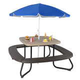 Kids Picnic Table Outdoor Activity Table With Umbrella -Brown 02015842