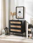 ZUN Rattan Storage Cabinet with 3 Large Drawers, Boho Mid-Century Wooden Nightstand Drawer Dresser, W1801P182002