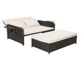 Patio Rattan Daybed Set, 2-in-1 Wicker Loveseat Sofa with Multipurpose Ottoman & Retractable Side 71173941