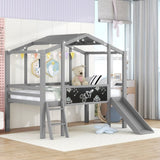 ZUN Twin Size Loft Bed with Ladder and Slide, House Bed with Blackboard and Light Strip on the Roof, WF307450AAE