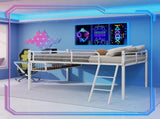 Full Size Metal Loft Bed with Built-in Desk & LED Light Strip, White Loft Bed Frame with Safety W1935P463341