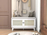 TREXM Boho Rattan Entryway Bench with Storage, Cushioned Shoe Bench with Double Doors, Wooden Shoe N715P308012K