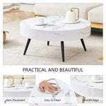 ZUN 31.5" White Marble-Patterned MDF Round Coffee Table with black Metal Legs.Adjustable Feet,Coffee W1151P205775